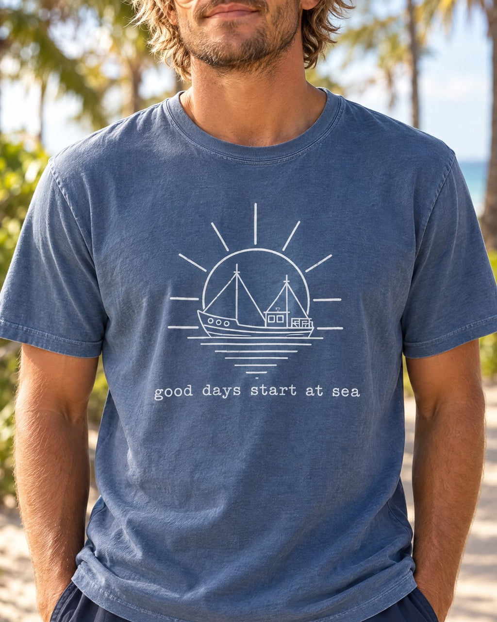 Good Days Start At Sea Tee tee mockup close-up