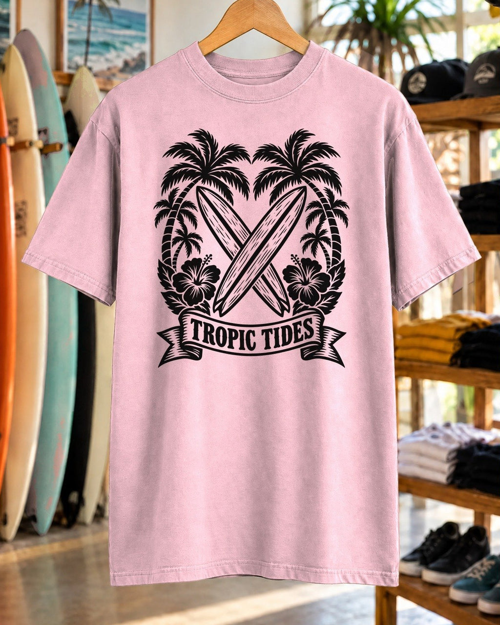 Tropic Tides Surf Shirt tee mockup close-up