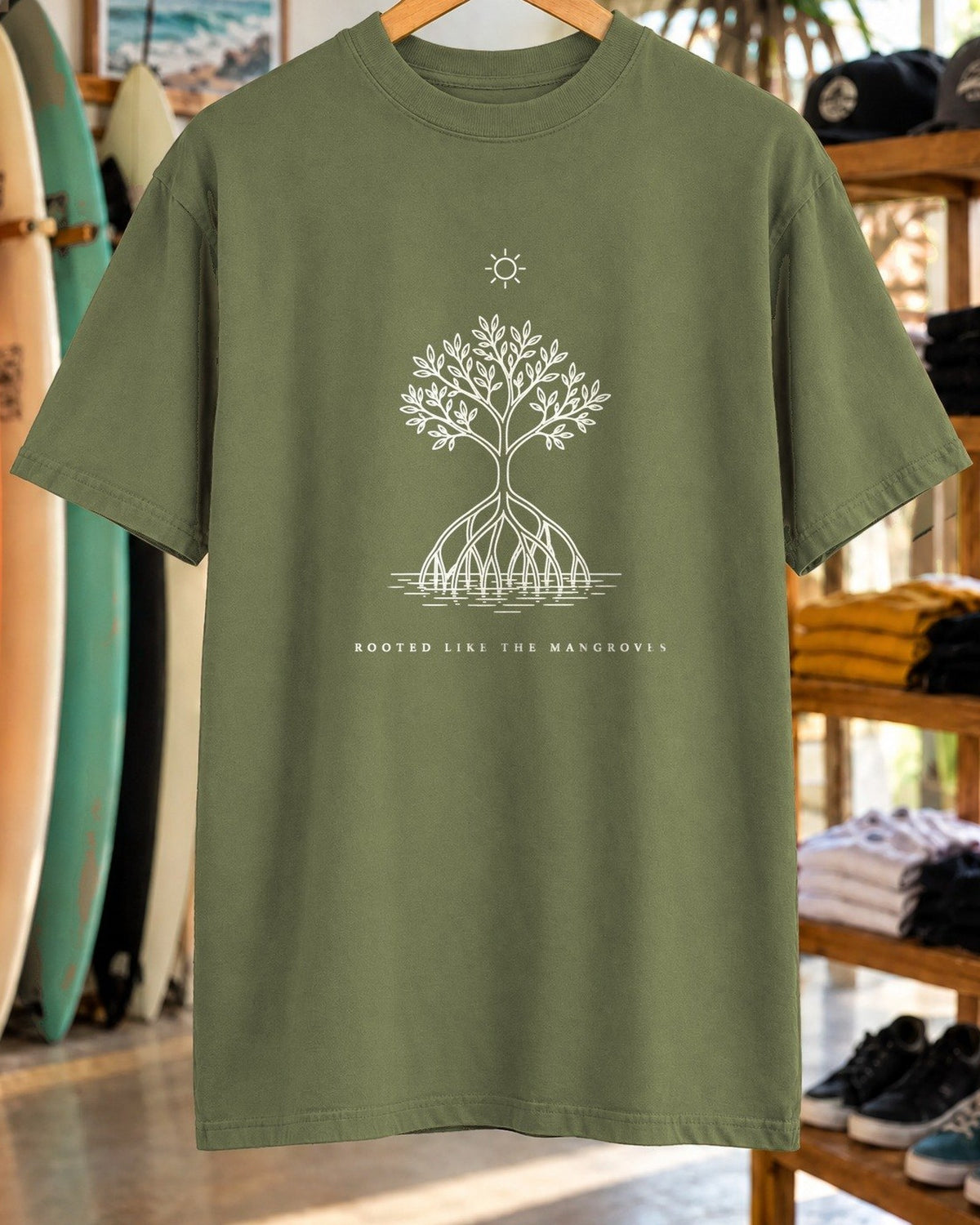Rooted Like The Mangroves Tee tee mockup close-up