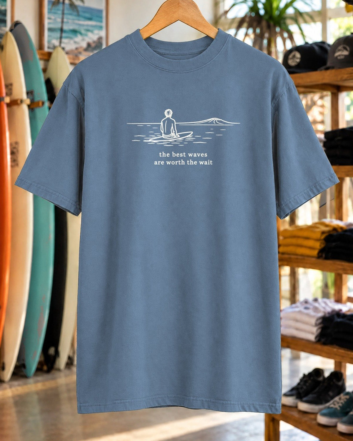The Best Waves Are Worth The Wait Tee tee mockup close-up