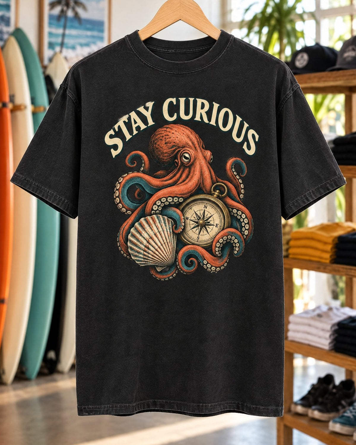 Stay Curious Octopus Tee tee mockup close-up