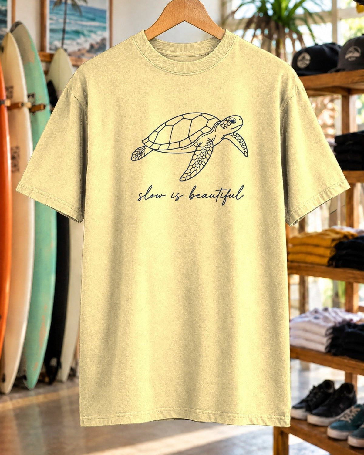 Slow Is Beautiful Tee tee mockup close-up