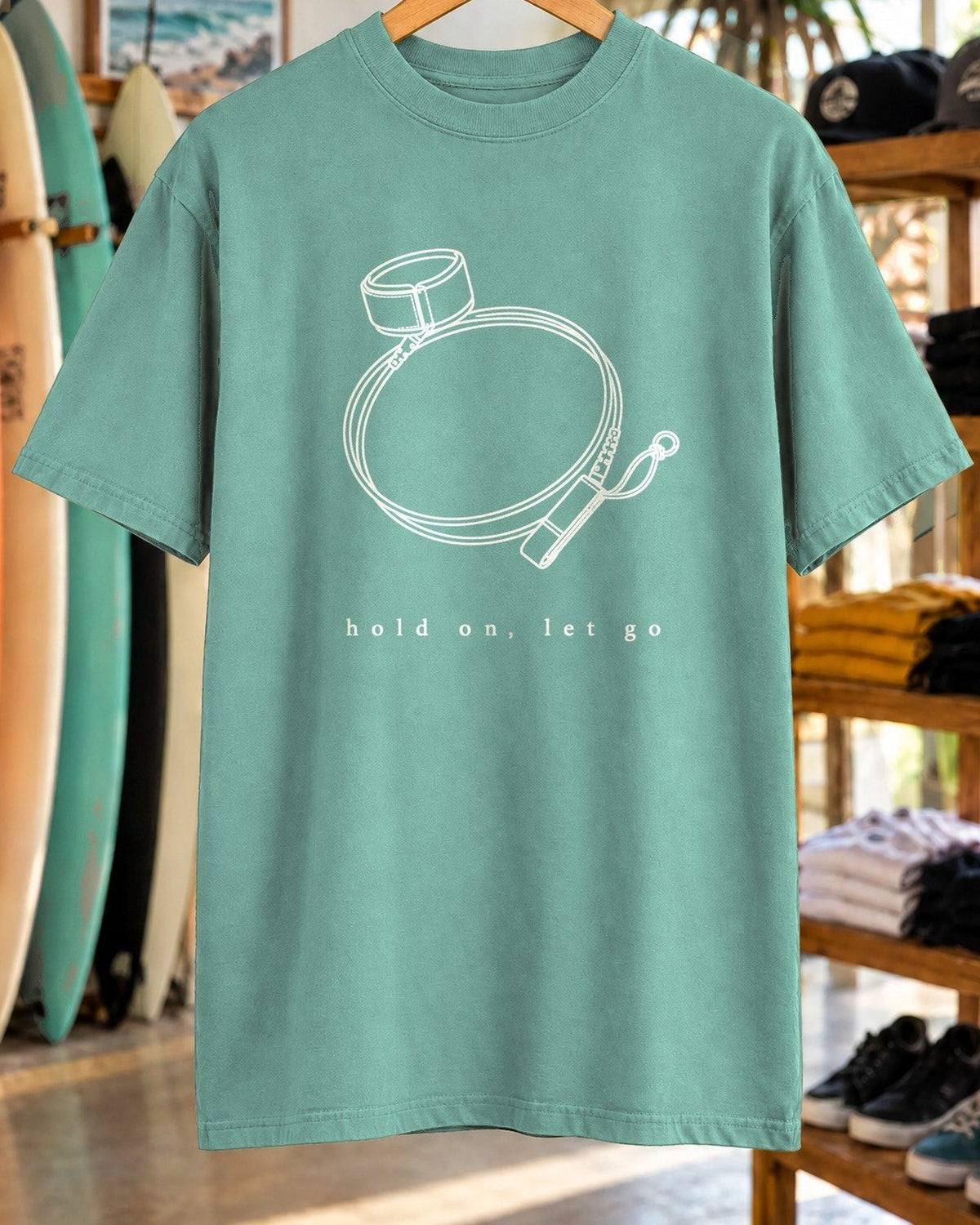 Hold On, Let Go Tee tee mockup close-up
