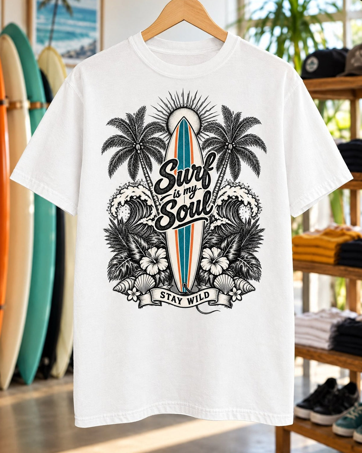 Surf Is My Soul Tee tee mockup close-up