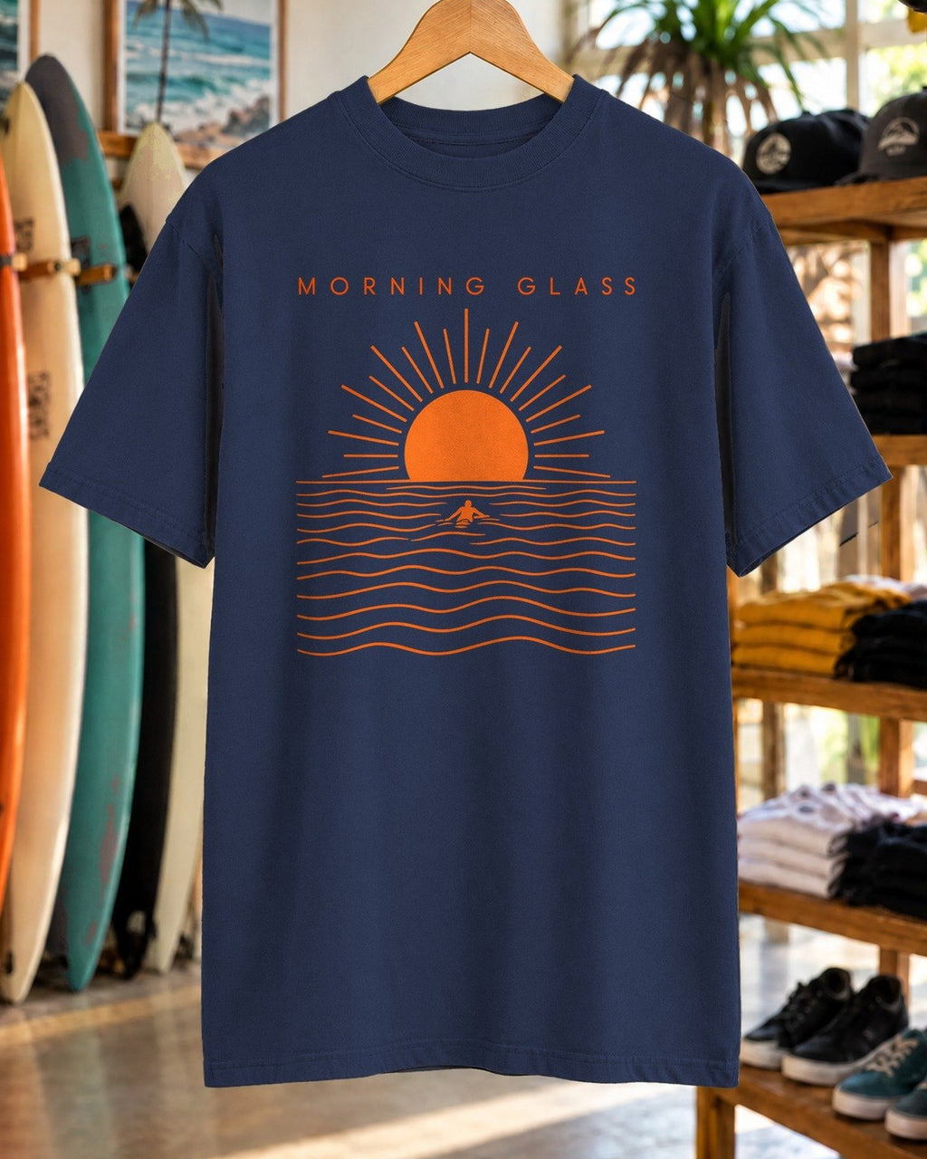 Morning Glass Surf Shirt tee mockup close-up